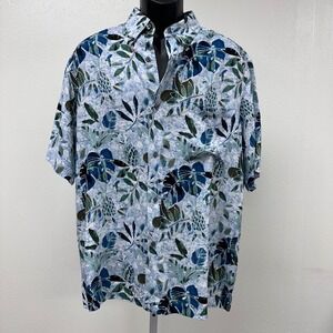 Tropical Hawaiian Shirt Leaf Print Blue Green Short Sleeve Button Up Shirt